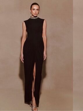 Meshki Black Sleeveless Maxi Gown with Embellished Collar